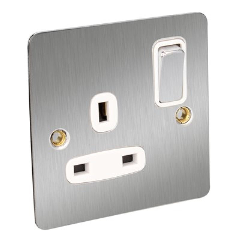 Flat Plate 13Amp 1 Gang Switched Socket Single Pole *Satin Chrom - Click Image to Close